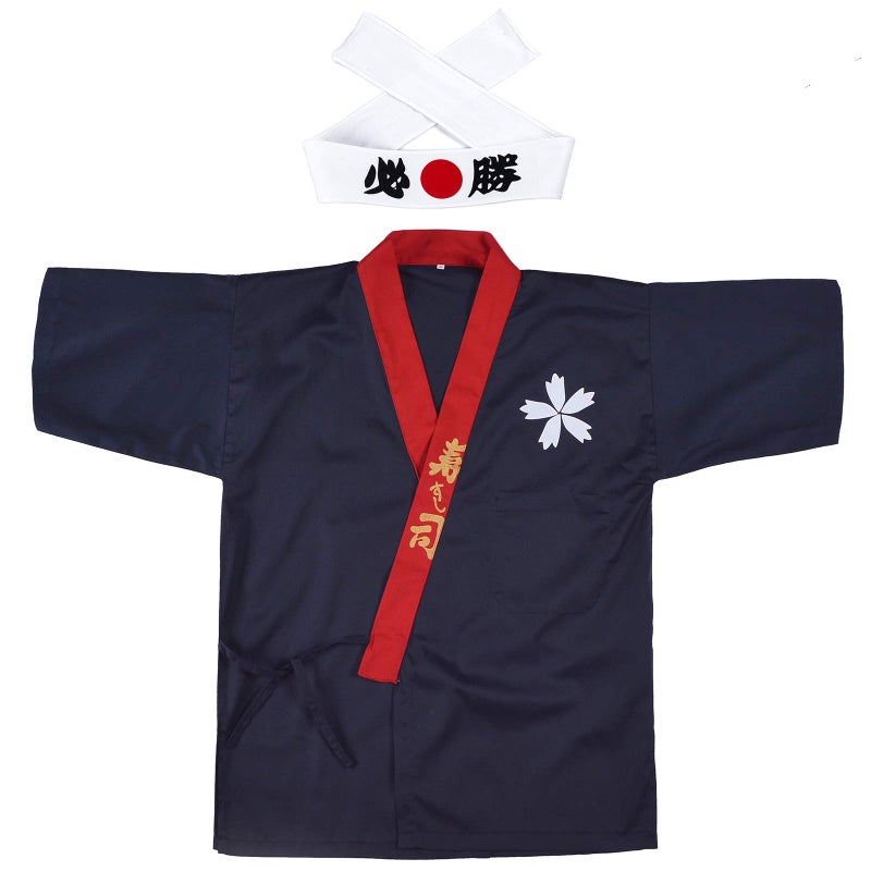 Elibelle Japanese Sushi Chef Coat Uniforms Kimono for Unisex wafu White Certain Victory Headband(Bule M) - Image 1